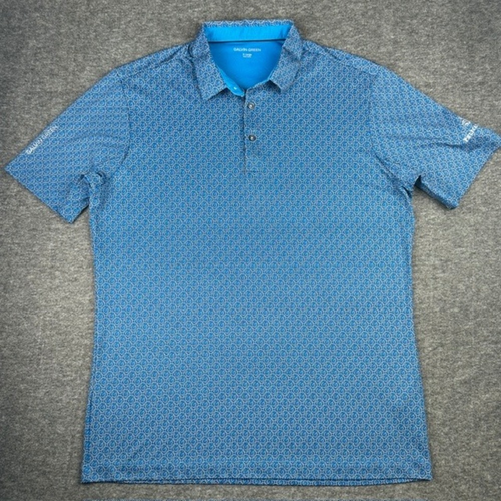 Galvin Green Mens XL Blue Geometric G-Logo Golf Polo Shirt Pelican Hill Logo